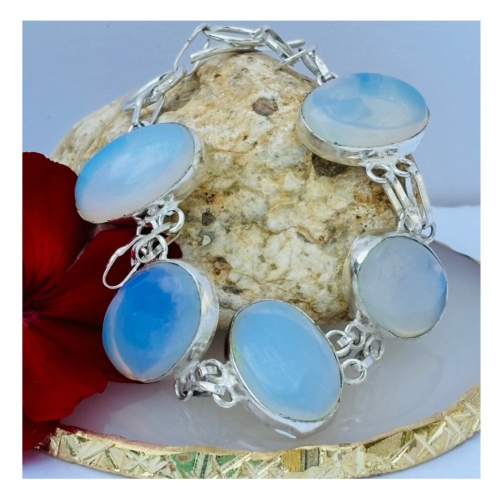 925 Sterling Oval Opalite Stone Bracelet  8 1/2"